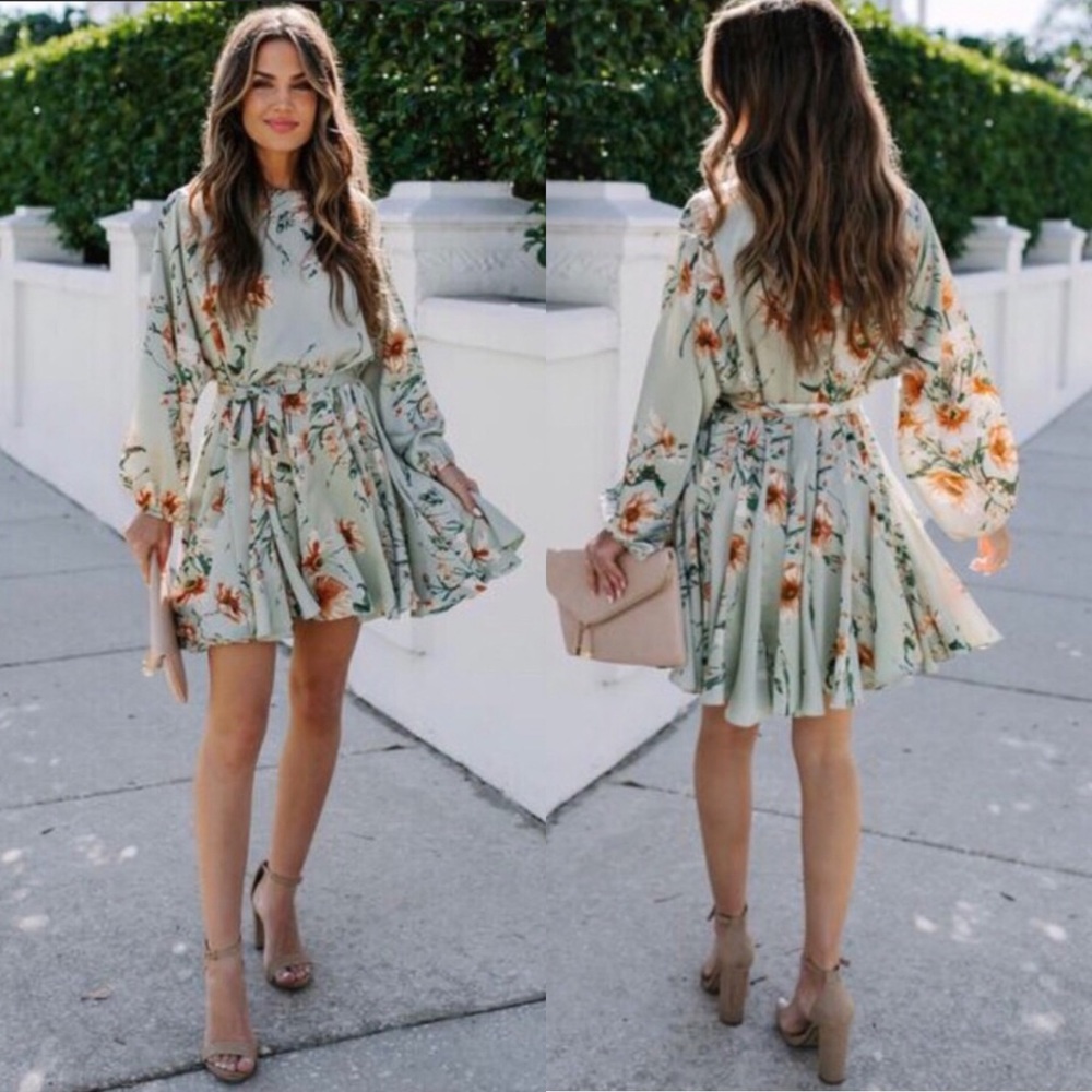 VICI Olive Branch Satin Ruffle Green Floral Long Sleeve Dress sz L